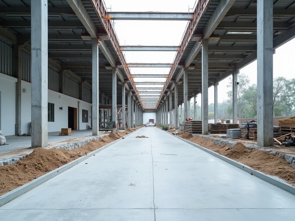 Nave industrial en construcción con estructura de acero y concreto