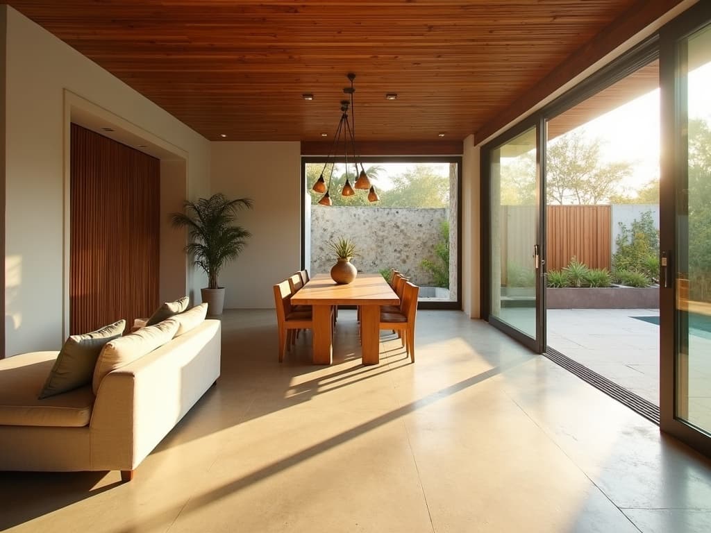 Interior cálido de vivienda residencial diseñada por ECON al atardecer