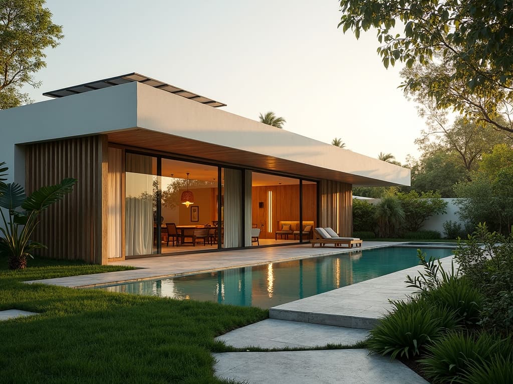 Casa residencial diseñada por ECON al atardecer
